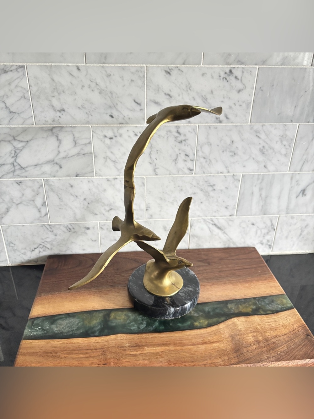 Vintage Mid Century Brass Seagulls Birds in Flight Sculpture on Marble Base